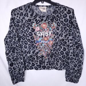 Savanna Jane Sweater Medium Gray Leopard Print Foral Embroidered Gypsy Soul